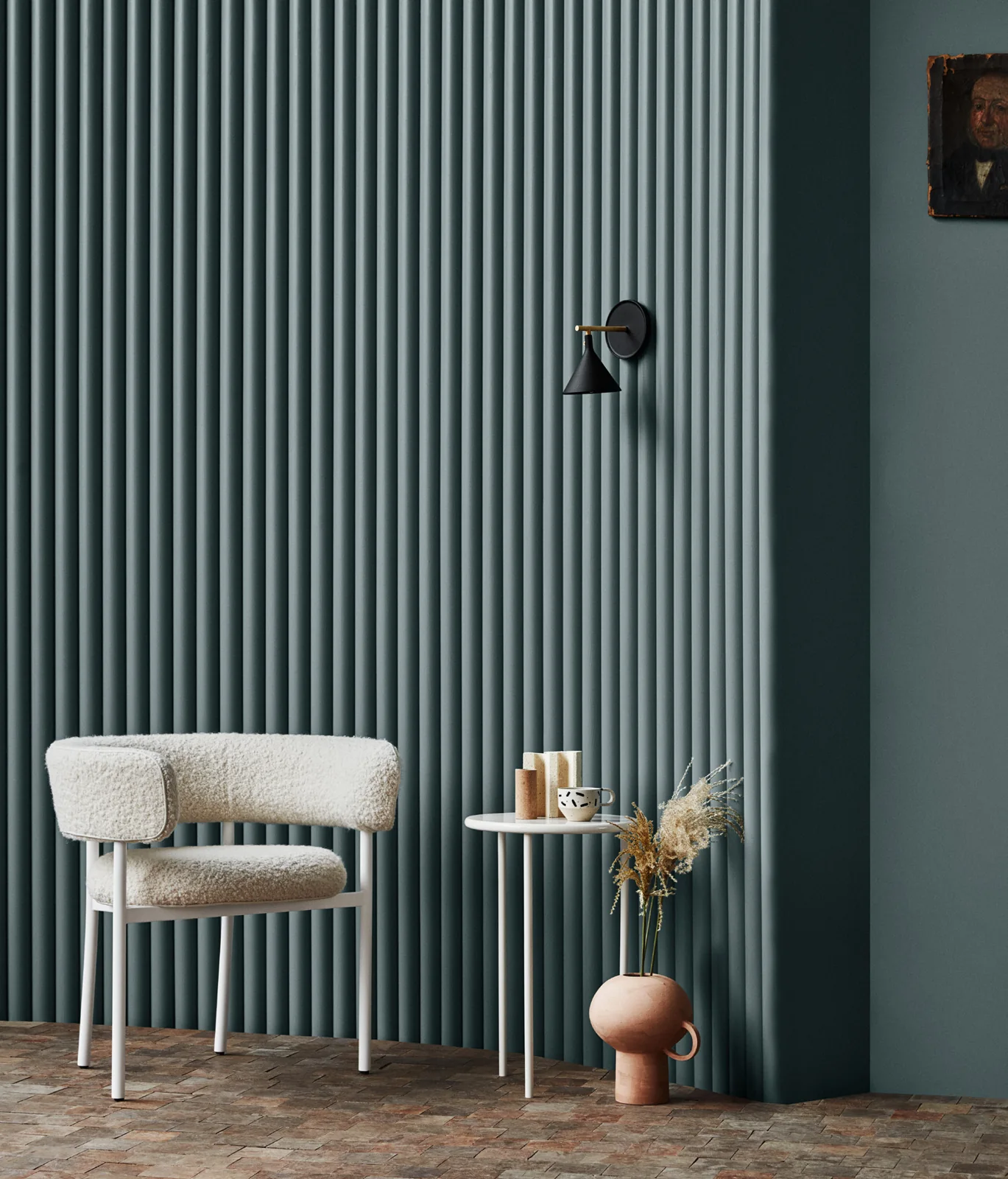 Mảng tường nan dọc sơn Serene Blue với ghế đơn sáng màu