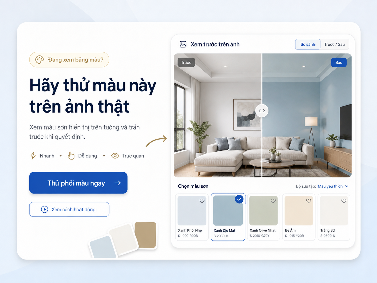 Phiên bản promo gọn trên điện thoại cho công cụ phối màu sơn, làm nổi bật khả năng thử màu trên ảnh thật và xem trước trước sau.