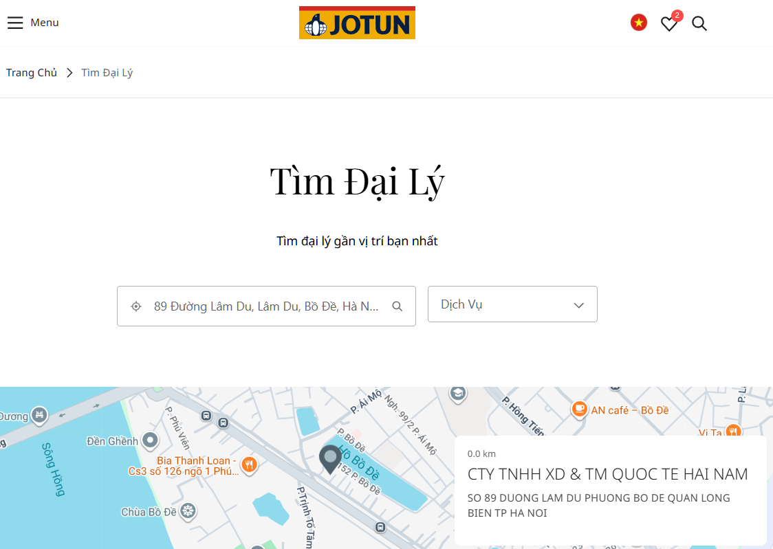 Ảnh chụp trang Tìm Đại Lý của Jotun hiển thị CTY TNHH XD & TM QUOC TE HAI NAM tại 89 Đường Lâm Du, Bồ Đề, Long Biên, Hà Nội